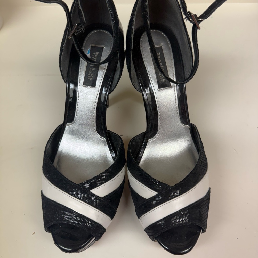 White House Black Market Black and White Strappy Heels